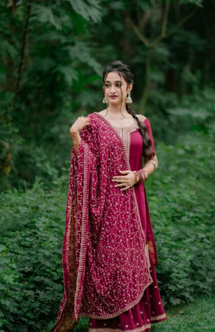 Red Silk Blend Sharara Set with Zari Work